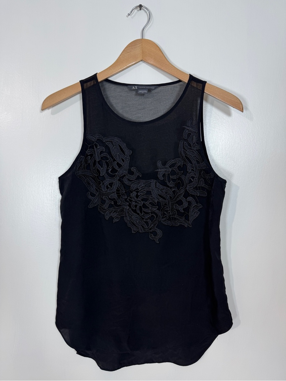 WSH60 {Armani Exchange} Black Mesh Lace Scoop Neck Tank Top Blouse
